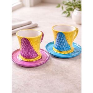 Set of 2 Tea cup with Saucer - Bright Color Blue & Purple - 2003 CBK